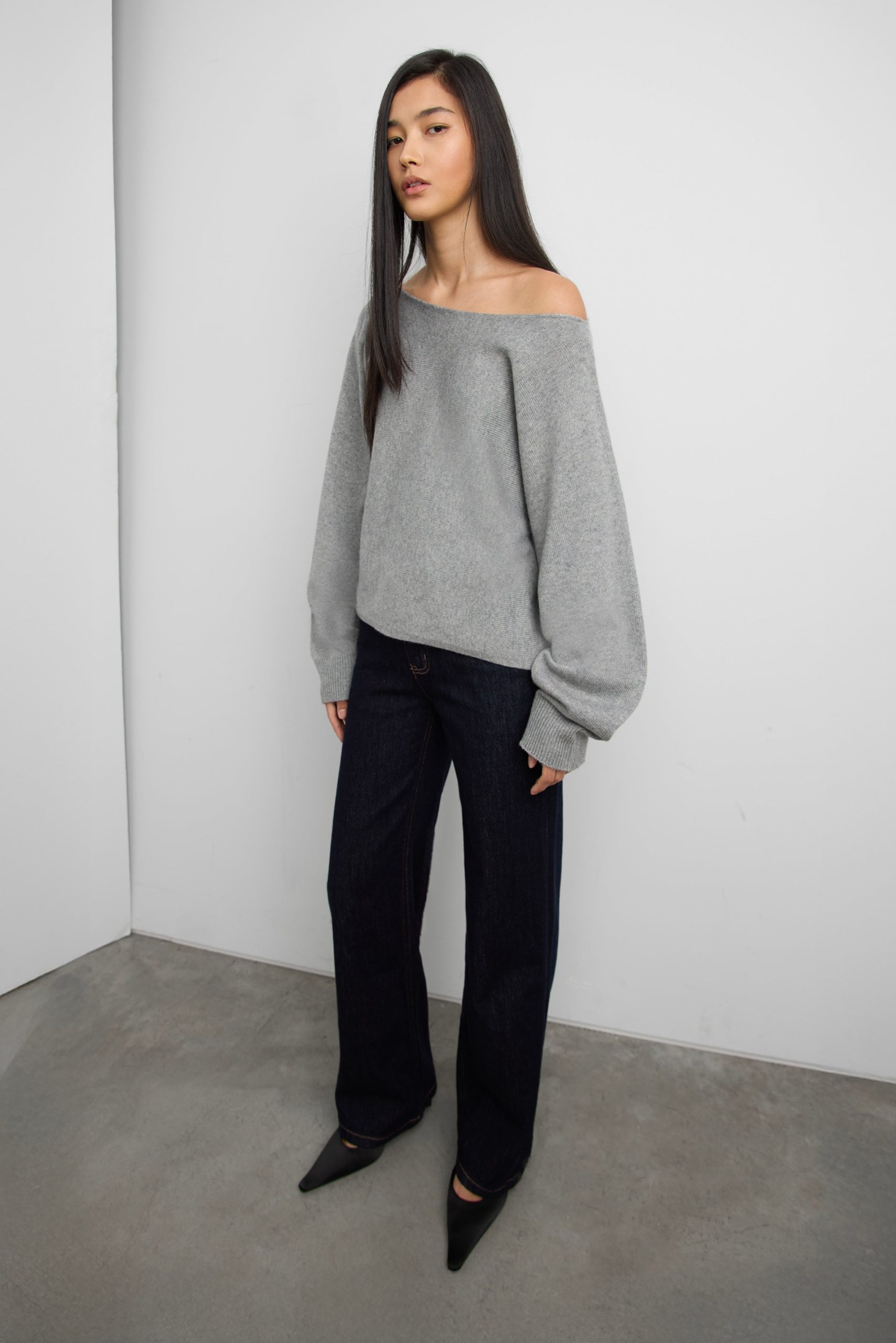 WOOL-BLEND RIBBED WIDE NECKLINE SWEATER